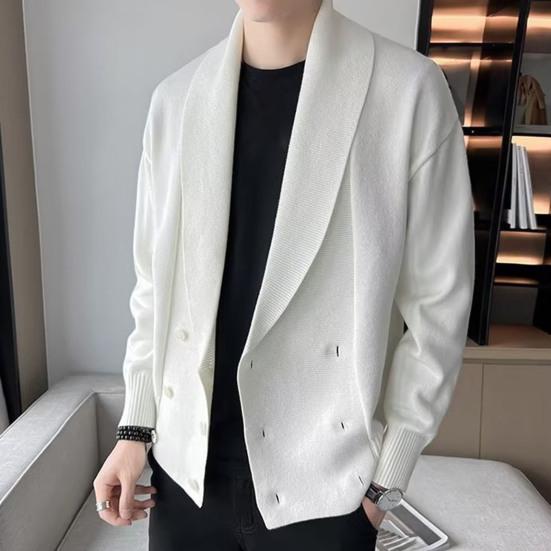 Men Sweater Coat Turn-down Collar Solid Color Long Sleeves Cardigan Buttons Warm Elastic Double-breasted Men Spring Coat for Work
