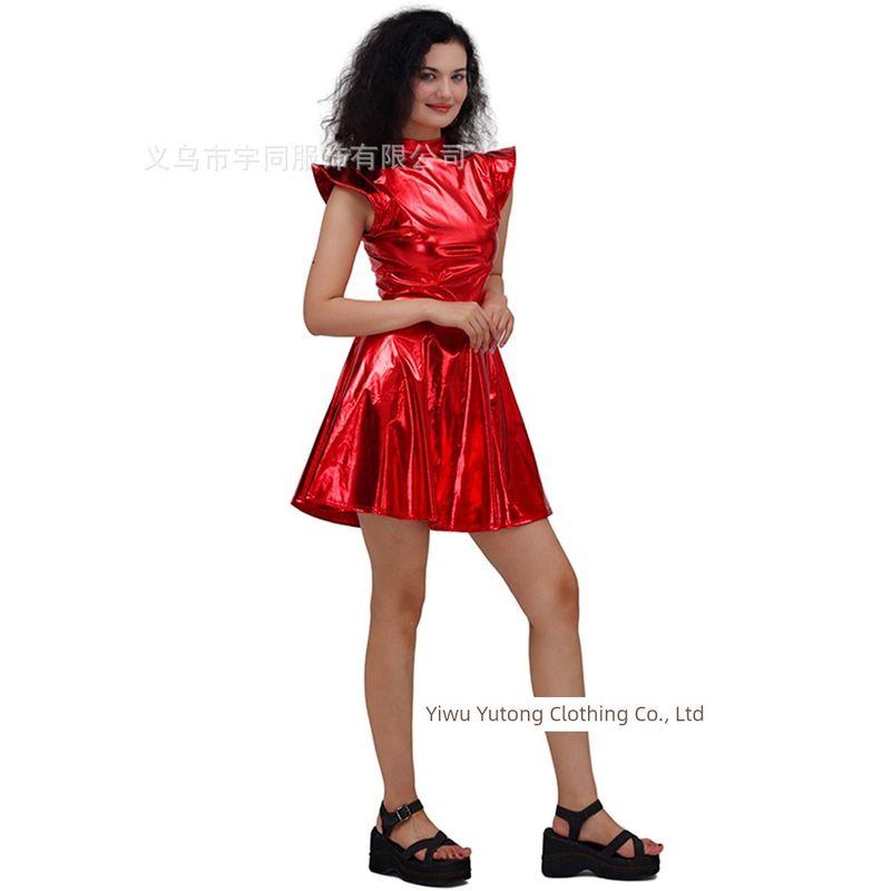 Cross-Border New Halloween Clothes Laser Bronzing Patent Leather Solid Sexy Party High Waist Jumpsuit Short dress Performance