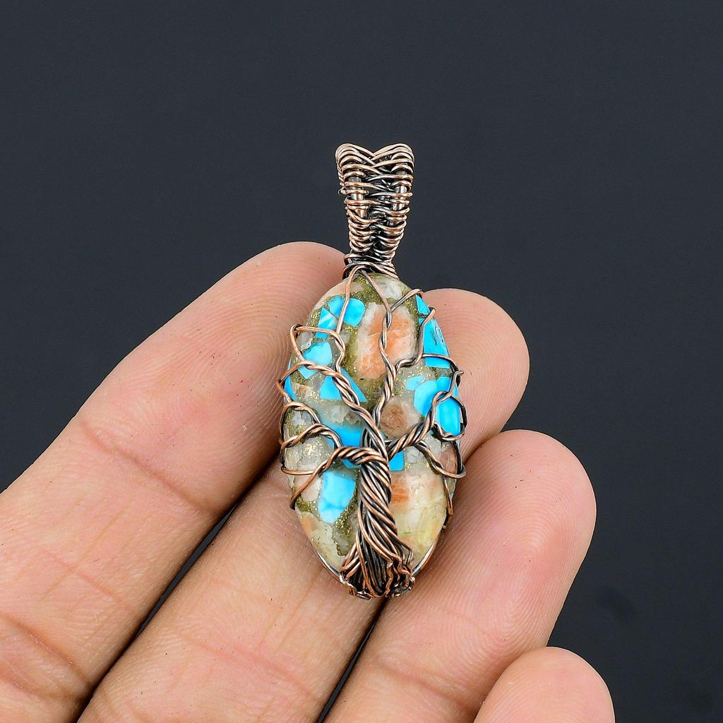 Blue Copper Turquoise Pendant, 999 Copper Wire Wrapped Pendant Handmade Gemstone Jewelry, Gifts For Wife Brand New Pendant