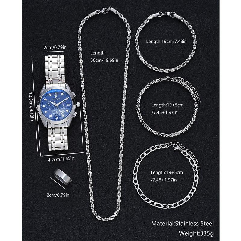 6 Pcs Set Men's Stainless Steel Watches Business Luxury Quartz Wristwatch Calendar Clock Casual Watch Necklace Bracelet Ring Set