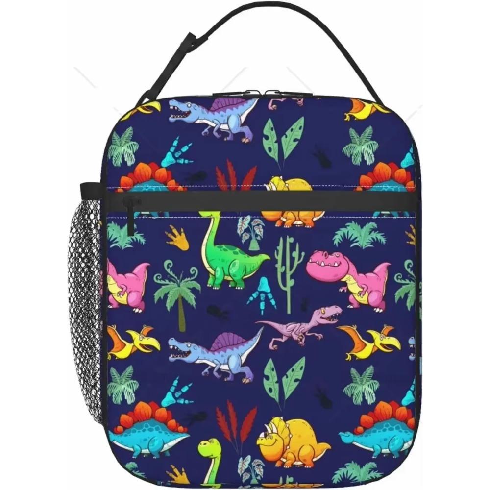 Dacawin Colorful Rainbow Dinosaur Lunch Bag Insulated Reusable Cooler Lunch Box Thermal Tote Handbag for Kids Boys Work Picnic
