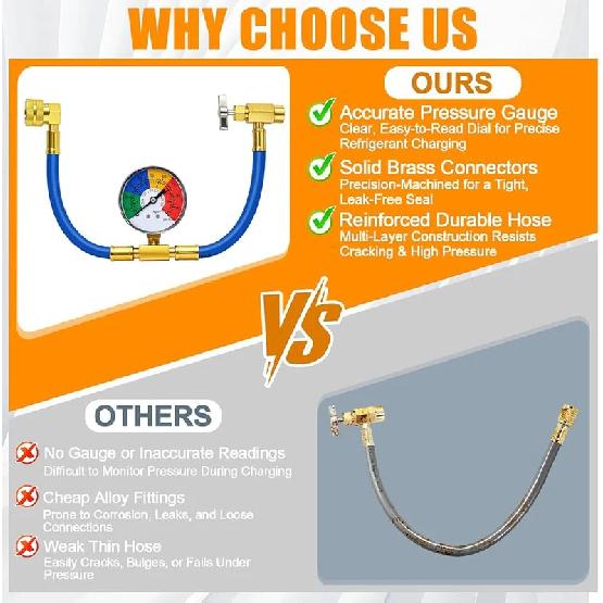 R134A Air Conditioning Refrigerant Charging Hose with Gauge Fits for Car AC Air Conditioning Refrigerant Charging Tool