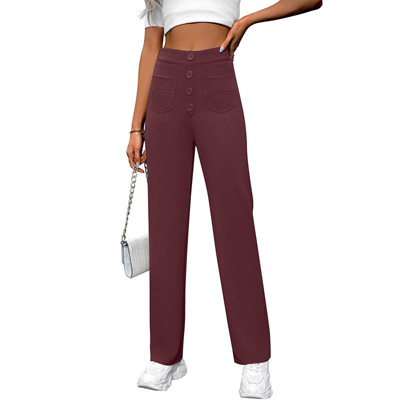 Women Casual High Waist Button Pocket Loose Straight Long Pants