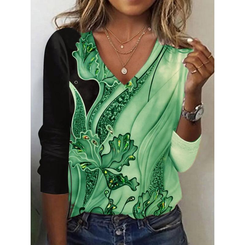 Summer V-neck 3D Plant and Flower Patterns Printed Top Fashionable Casual Color Blocking Short Sleeved Women's T-shirts