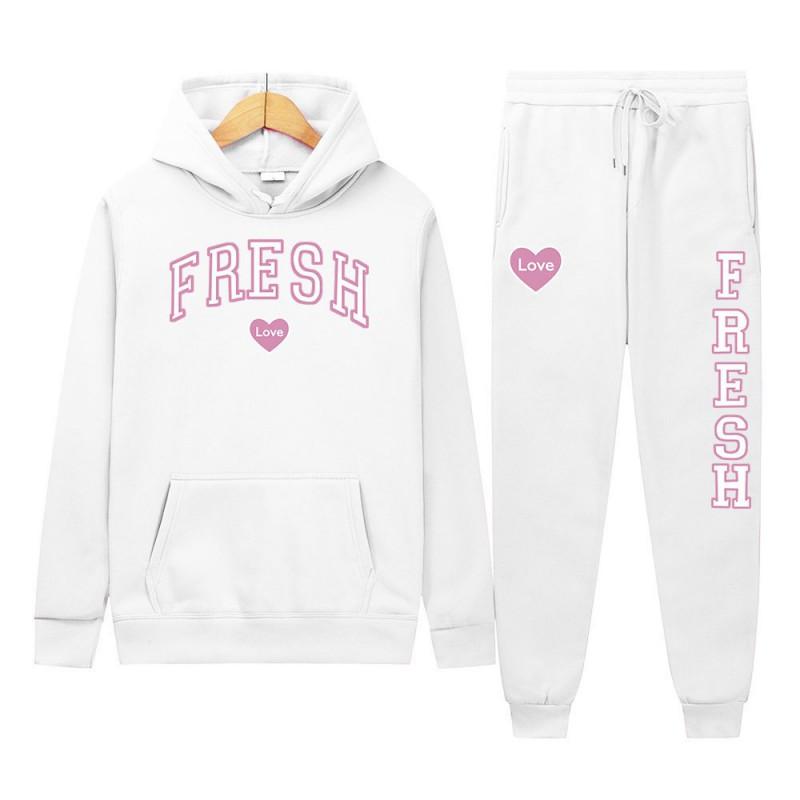 Womens Hooded Sweatshirt Set With Printed Graphic Long Sleeve Top Matching Pants Streetwear Casual Two Piece Outfit