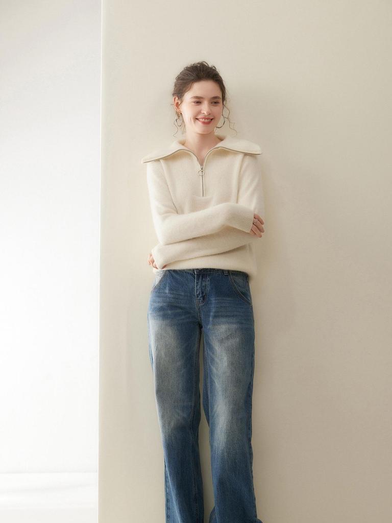 Damen Dick gestrickter Kaschmirpullover - Großer Reverskragen, Polo-Kragen mit halbem Reißverschluss, Vielseitige lockere Passform für Herbst und Winter