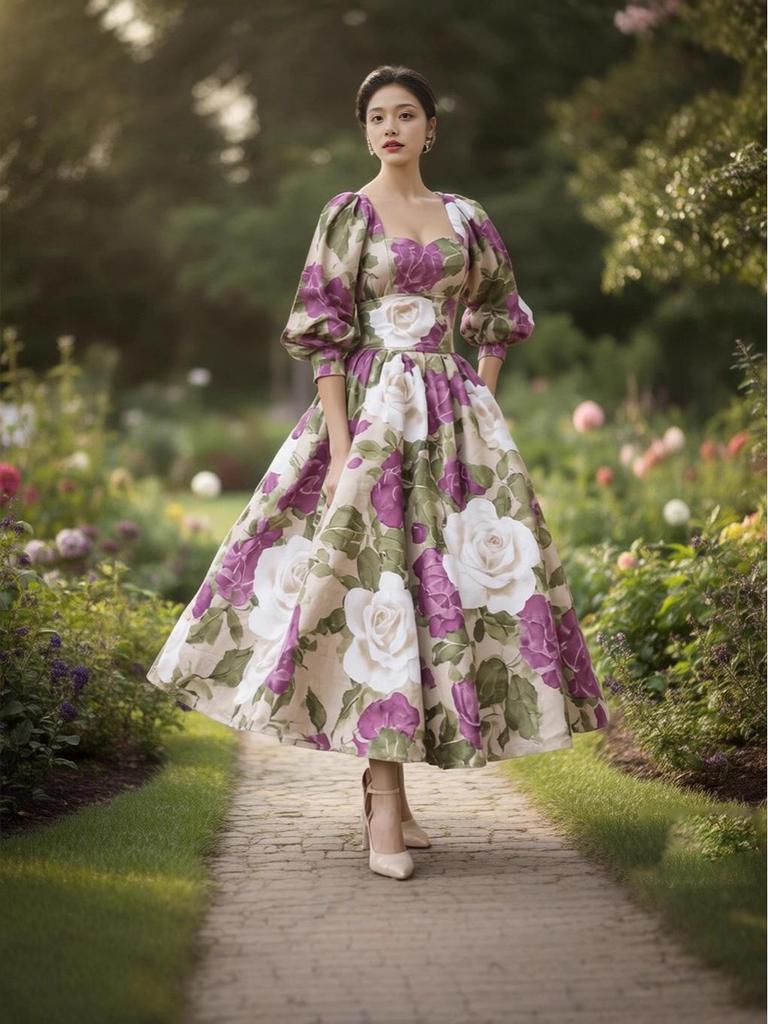 French Vintage Rose Print Puff Sleeve Dress - Elegant A-line Spring Garden Outfit