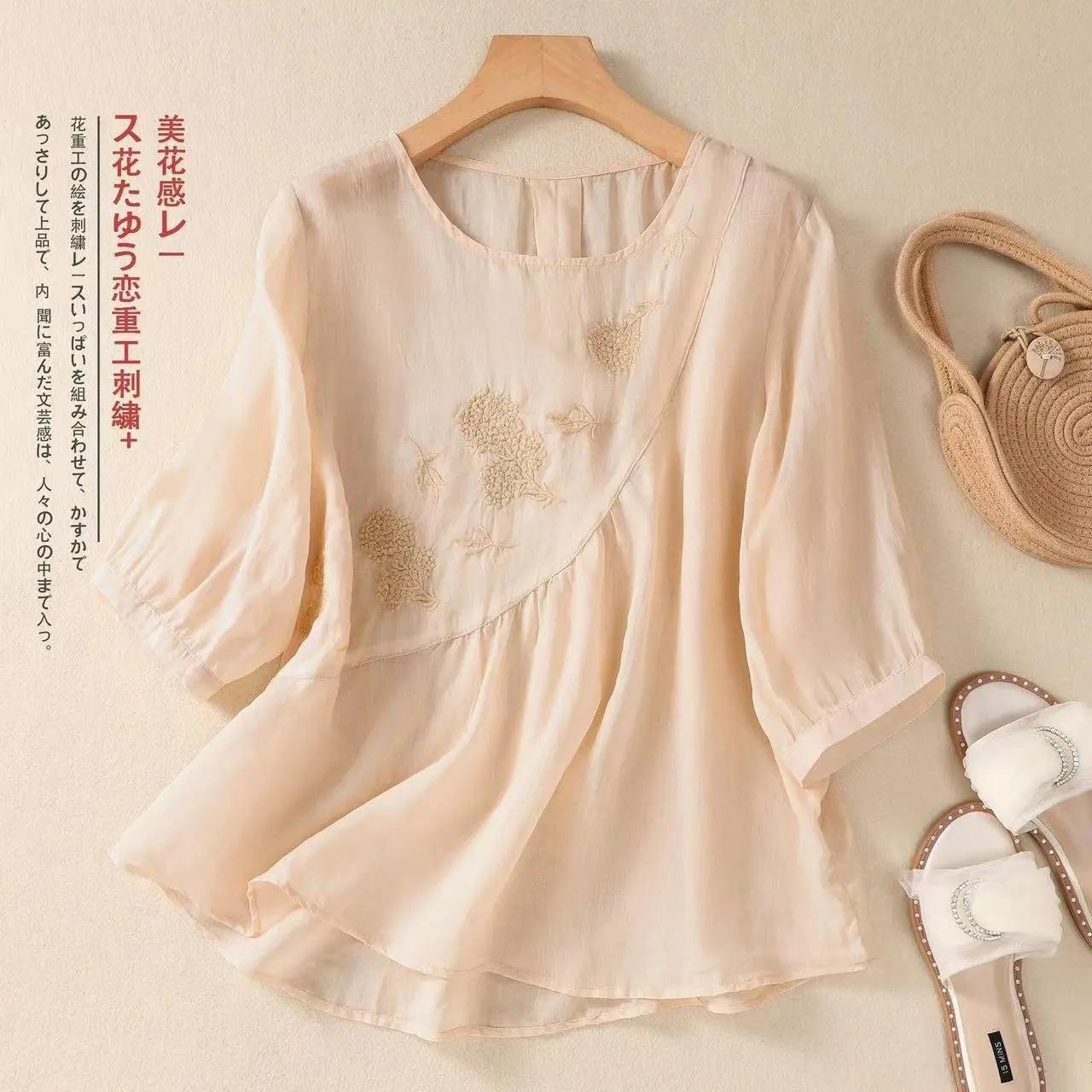 

Весенне-летняя однотонная новая литературная и ретро вышитая хлопково-льняная женская футболка свободного кроя с круглым вырезом 4XL хаки