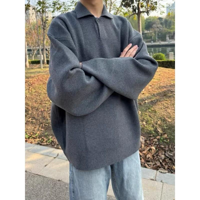 Trendy Solid Color Thick Loose Knit Sweater Old Money Style Collared Long Sleeve Winter Couple Youth