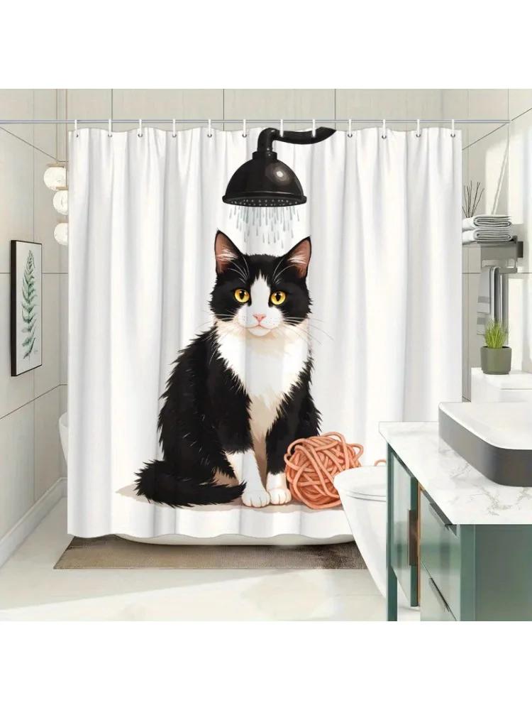

HI-Black & White Cat Shower Curtain - Minimalist Digital Art, Yellow Eyes & Yarn, Polyester, Machine Washable,Fashion Bath Decor W90xH180cm