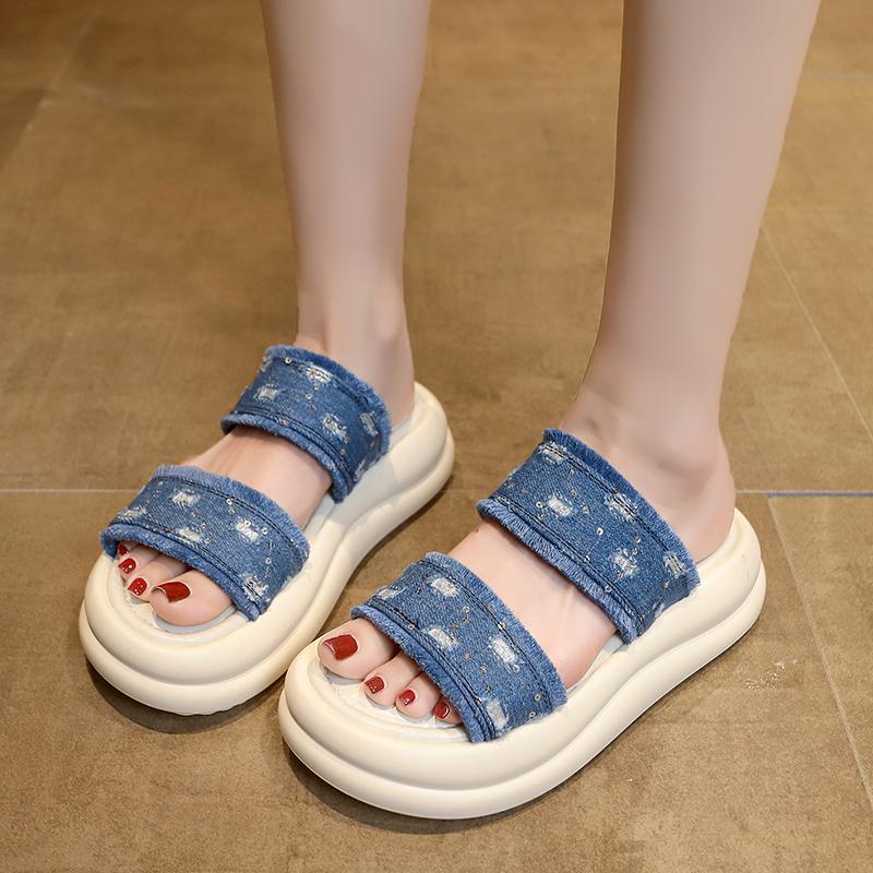 Fashion Outside Flip-Flops Summer New Round Head Open Toe Sequined Cloth Platform Soft Bottom Non-Slip Beach Cool Mopping
