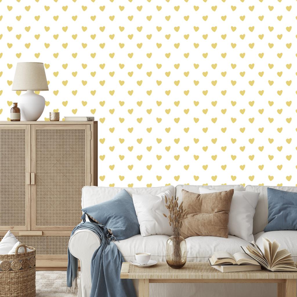 Heart Wallpaper White, Cream and Yellow 50x1000