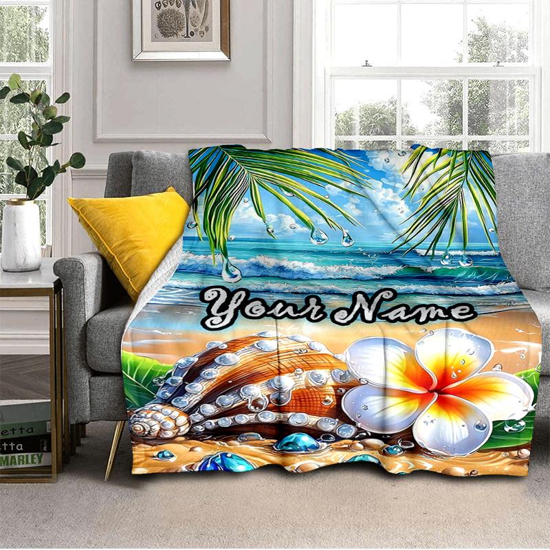 1PC Custom Name Beach Shell Plumeria Dream flannel blanket versatile,all-season throw suitable for the living room,bedroom,camping,travel,and gift