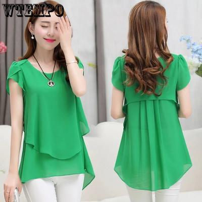 Summer Women Loose Shirts O-Neck Chiffon Solid Slim Blouses Female Short Butterfly Sleeve Casual Thin Tops