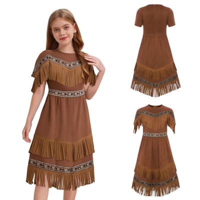 Girls Fringe & Tassel Dance Dress: Round Neck Short Sleeve Costume with Invisible Zipper, Perfect for Performance & Halloween