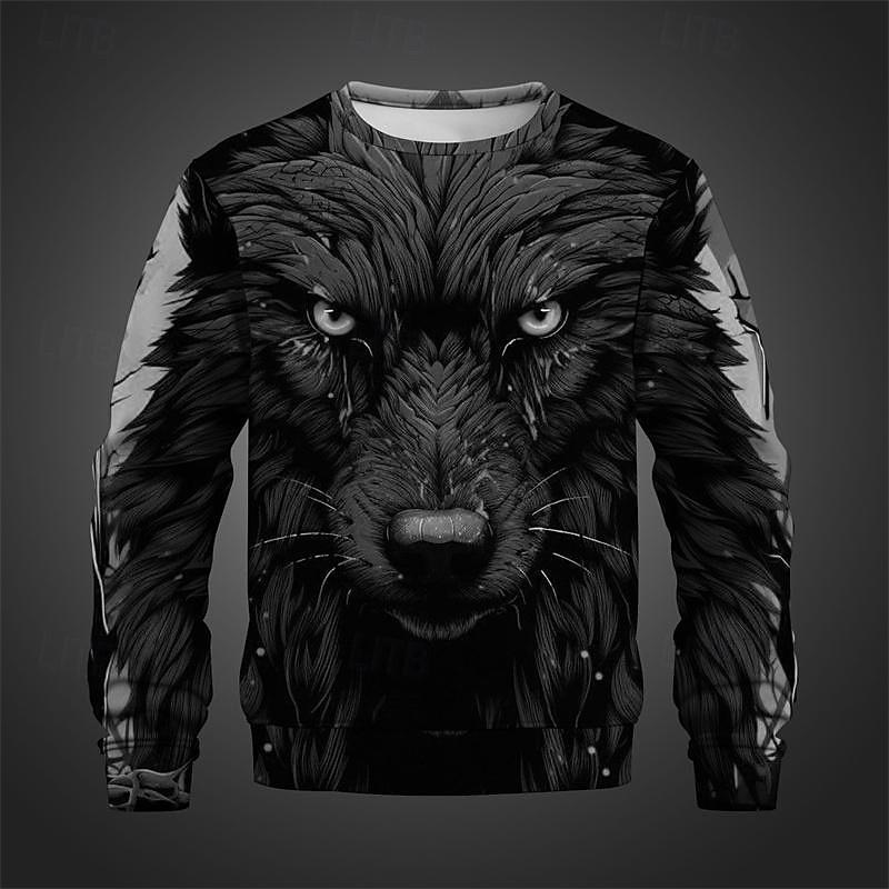 Trend Wolf Face Graphic Sweatshirt Fashion Autumn Long Sleeve 3D Animals Printed Pullovers Cool Streetwear Loose Mens Clothing