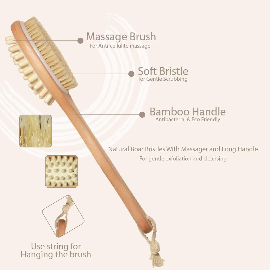 LISHER Wooden Double-sided Bath Brush With Massager and Long Handle | Dry Brushing Removes Dead Skin, Treats Cellulite & Stimulates Blood Flow