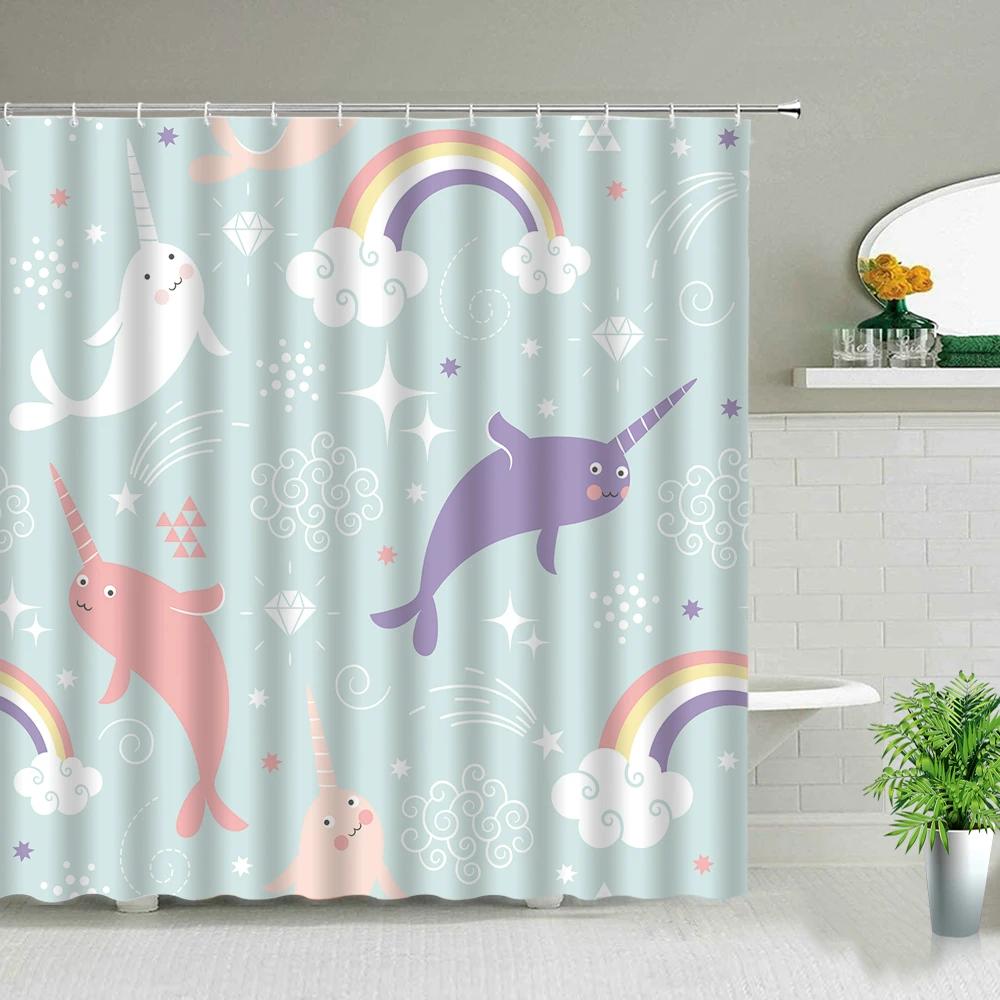 Cortinas de Chuveiro Peixe Tubarão Desenhos Coloridos Vida Marinha Banheiro Infantil Decoração de Casa Conjunto de Cortinas de Tecido Telas de Banho Impermeáveis
