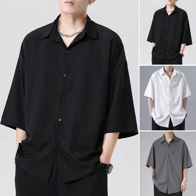 Spring Summer Men Shirt Turn-down Collar Single-breasted Half Sleeves Ice Silk Buttons Loose Casual Wear School
