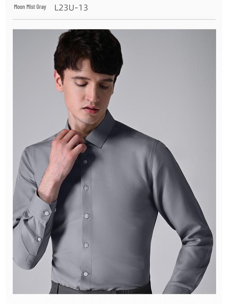 Men's Slim Fit Long Sleeve Modal Tencel Wool Shirt - Iron-Free, Machine Washable, Solid Color, Business Attire.