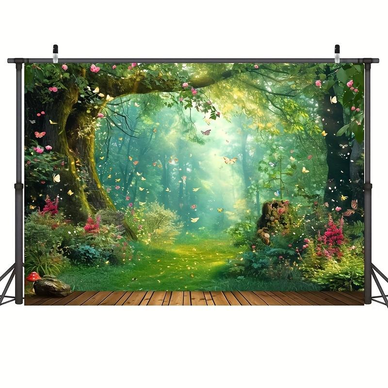 Magischer Wald Polyester Fotografie Hintergrund, Märchen Wunderland Pilz Blume Schmetterling Hintergrund, Party Dekoration