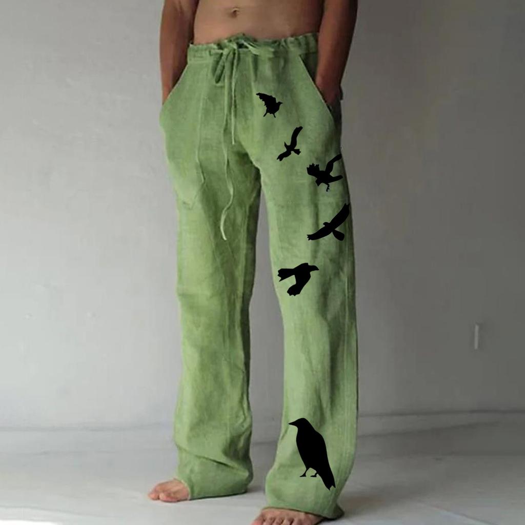 Men's Loose Casual Color Cotton Linen Trousers Elastic Tie Printed Straight Pants