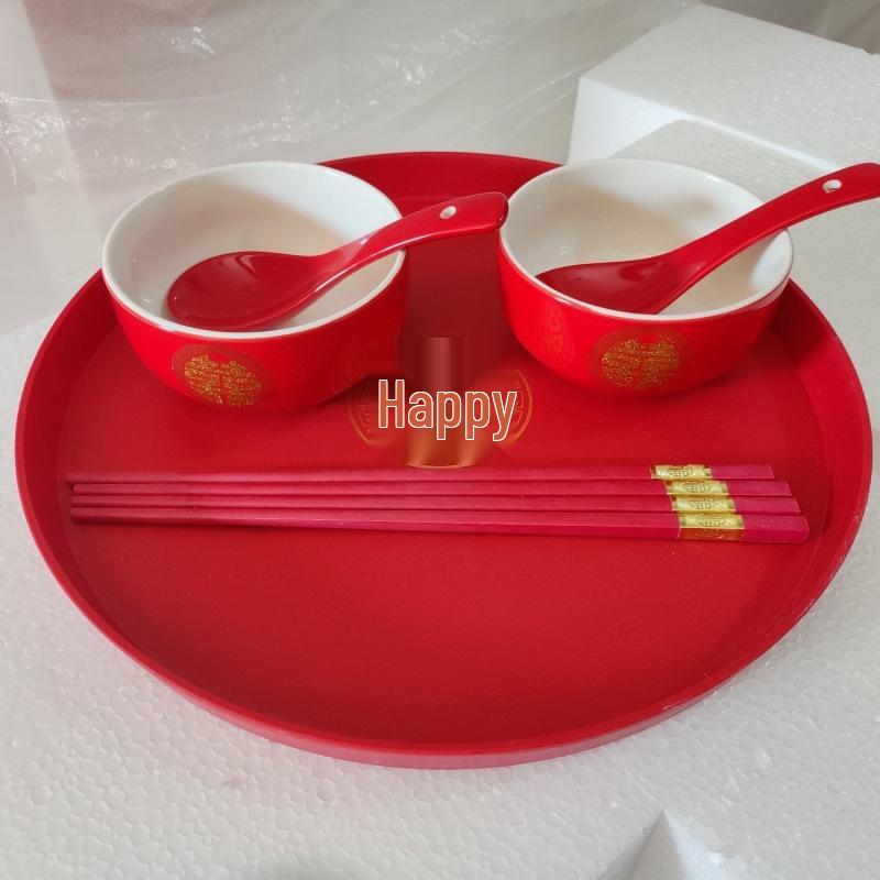 Double Happiness Red Wedding Bowl Set - Dowry and Dumpling Pair with Character Design
