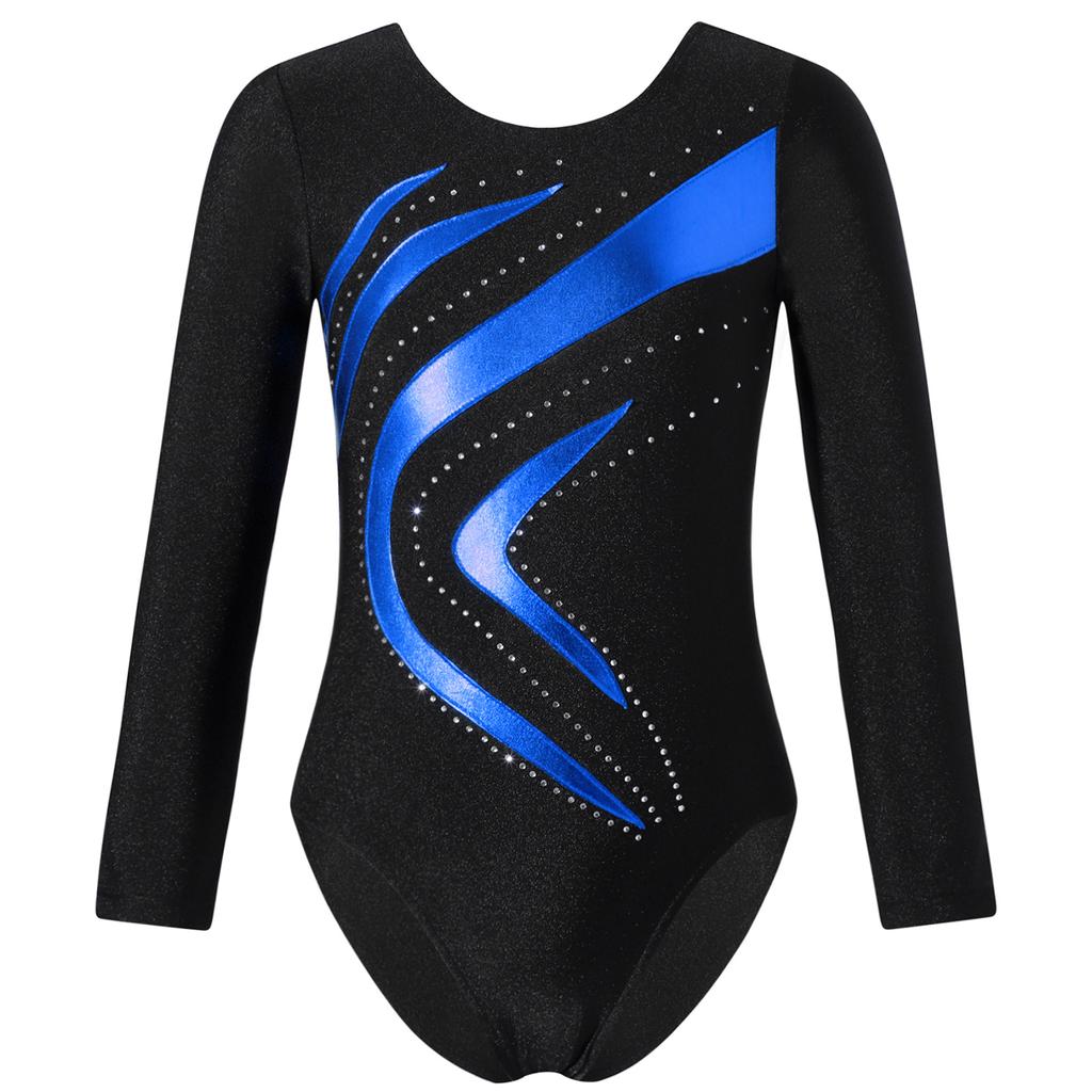 Girls Long Sleeve Round Neckline Shiny Rhinestone Bronzing Cloth Patchwork Slim Fit Dance Leotard