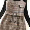 Herbst Winter Neue Lange Ärmel Gestrickte Pullover Pullover Tops + Tweed Mischung Plaid Kurzes Kleid 2 Stück sets Frauen Outfits mit Gürtel
