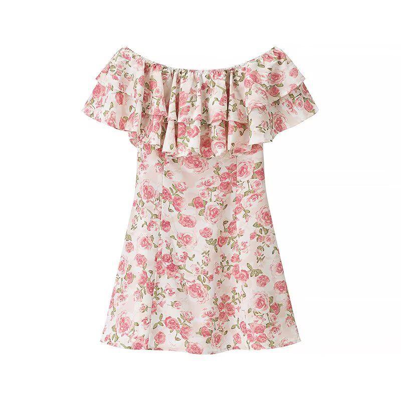 

Kaslead New Arrival Women s Clothing Fashion Style Fashion Minimalist off-Shoulder Small Floral Laminated Dress Color M