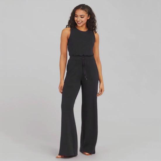 Kadın Yaz Tulum Yuvarlak Boyun Kolsuz İpli Yüksek Elastik Bel Düz Renk Geniş Bacak Yumuşak Nefes Spor Gidip Günlük Tulum