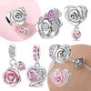 S925 Silver Valentine's Day Pink Rose Charms Love Heart Beads Fit Bracelet Diy Fine Jewelry Gifts for Women