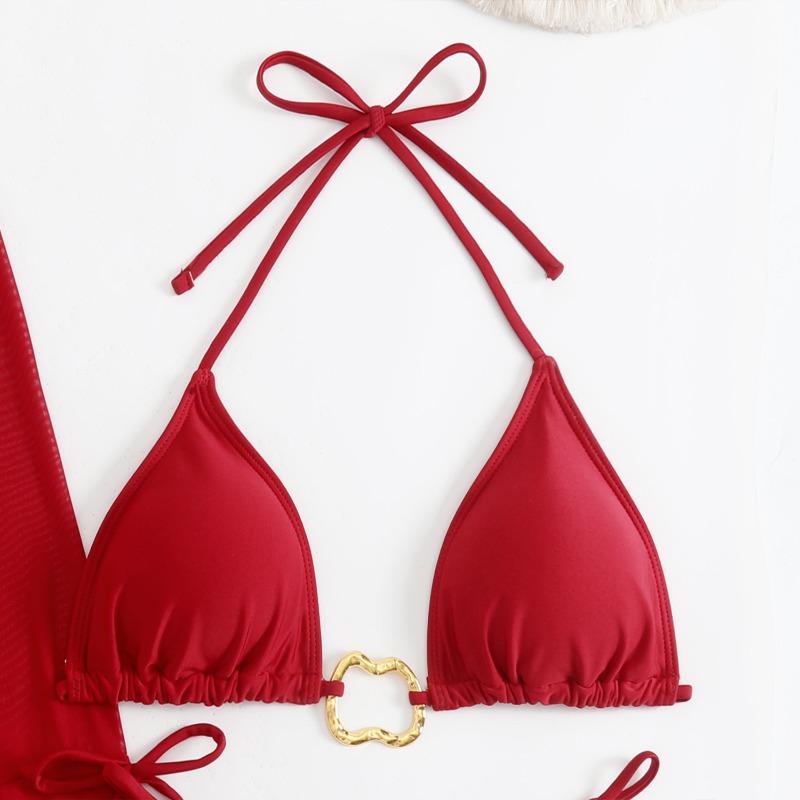 Women's Sexy White Halter Bikini with Gold Ring & Sheer Cover Up