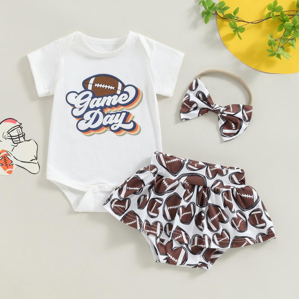 Baby Girl Summer Outfits Letter Baseball Print Short Sleeve Romper Skorts Headband 3Pcs Clothes Set