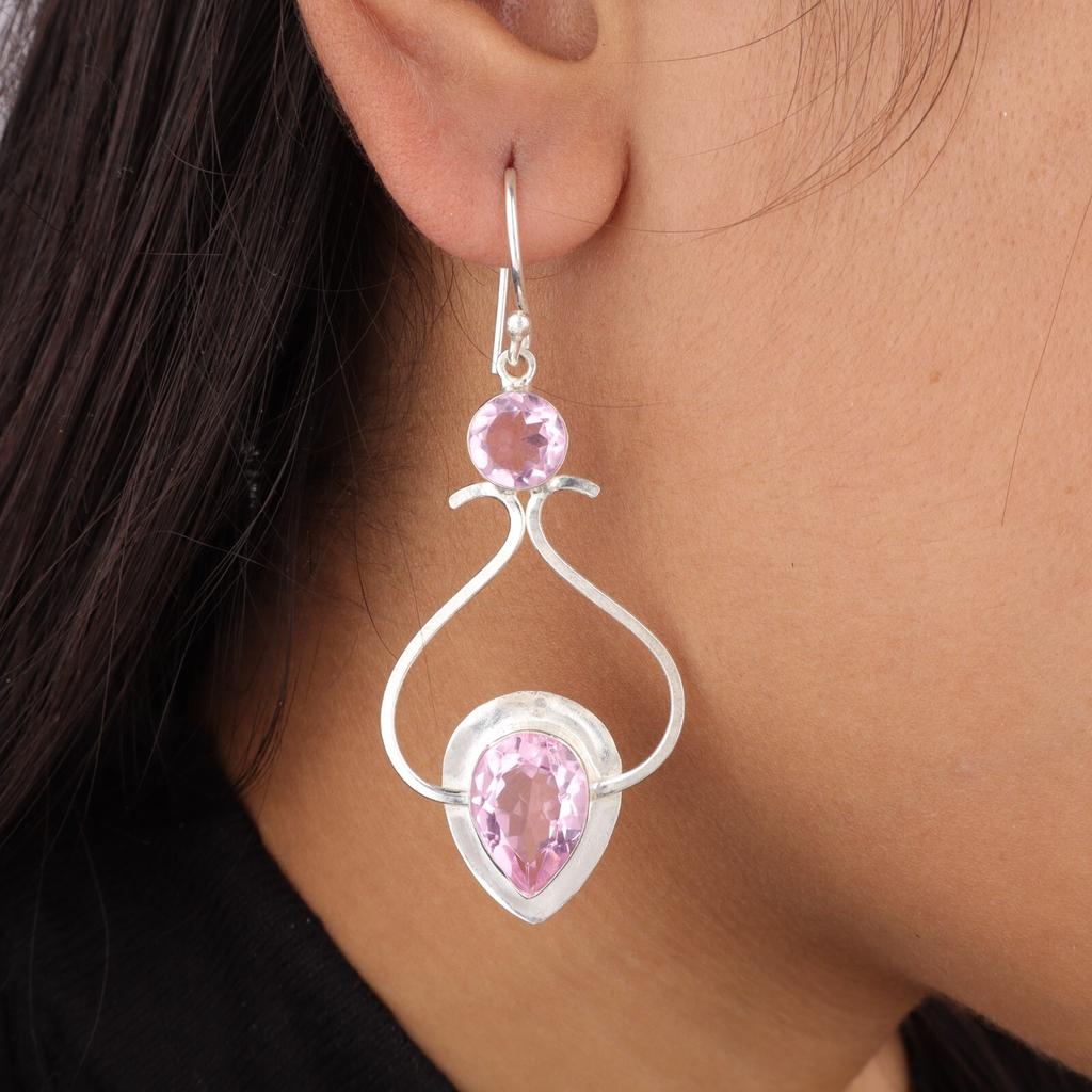 Morganite Gemstone 925 Stamped Silver Handmade Earrings 2.07" Mother's Day Gift EE-170-9