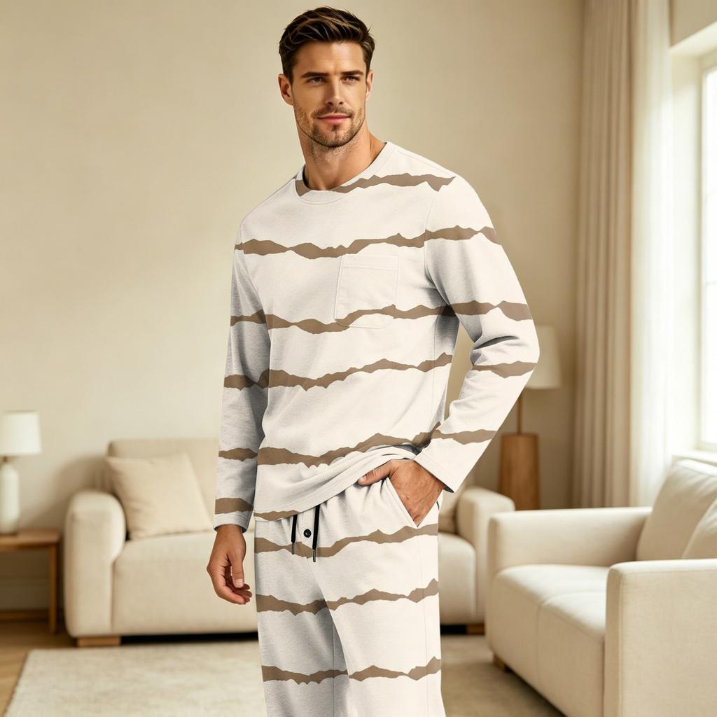 Men's Pajama Set Long Sleeve Top and Long Pants with Button Crotch and Elastic Drawstring Waist for Home Loungewear