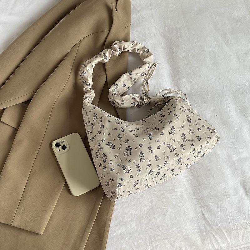 New niche broken flower canvas bag women's drawstring shoulder bag sweet versatile messenger bag underarm women's bag