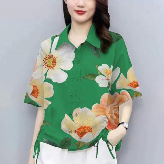 Women Casual Shirt Side Drawstring Shirt Sleeve Flower Pattern Lapel Short Double Breasted Loose Fit
