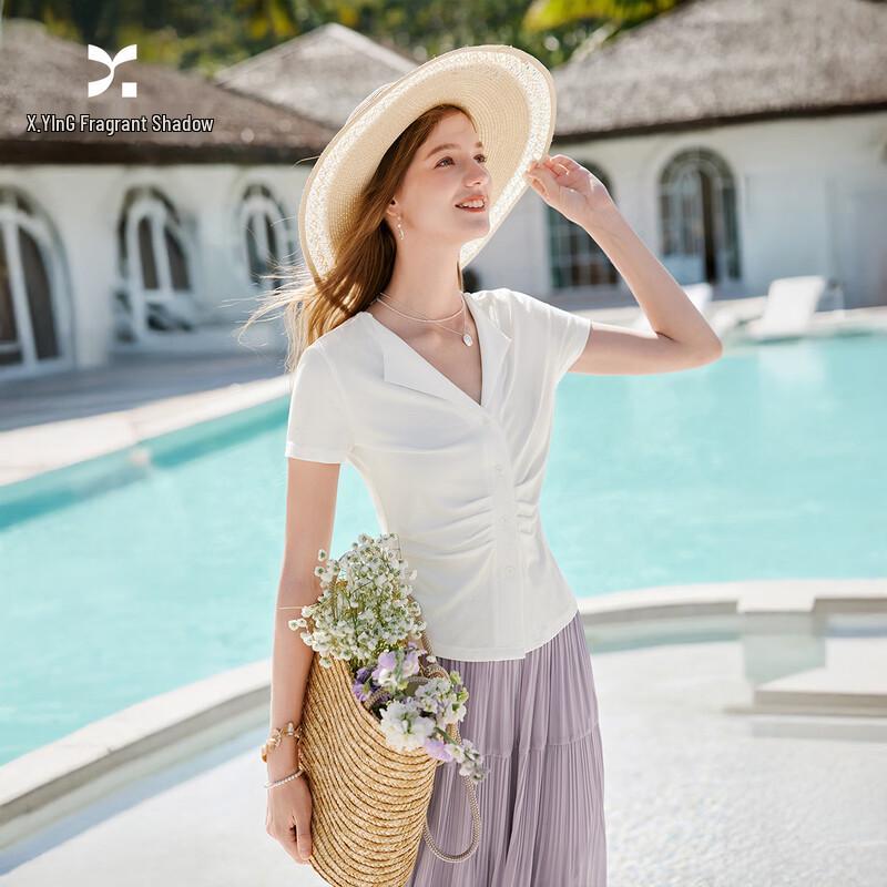 Xiangying Women s Elegant V-Neck Pleated Slim T-Shirt L