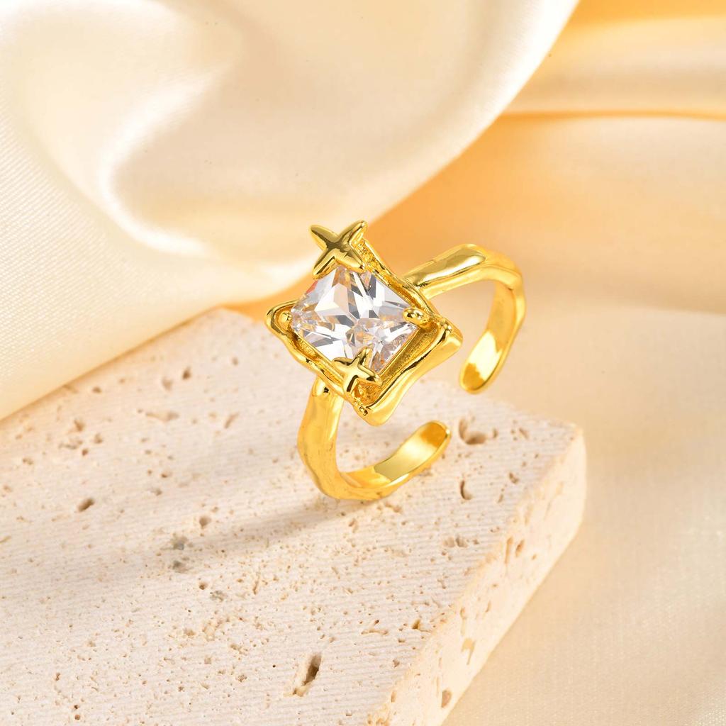 Luxurious Rectangular Zircon Ring for Women,Gold Plated Simple Big Rings Adjustable,Fashion Wedding Party Jewelry Gift
