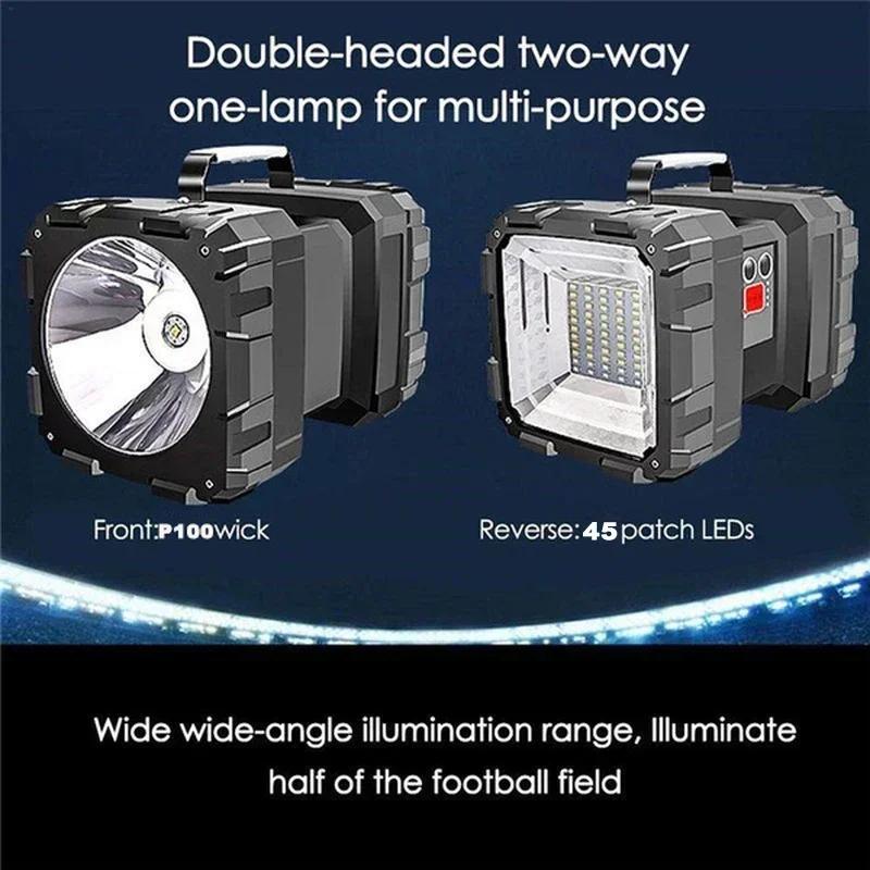 Powerful Double Head Flashlight Super Bright XHP100 LED USB Rechargeable Outdoor Camp Handheld Spotlight Torch Floodling Light