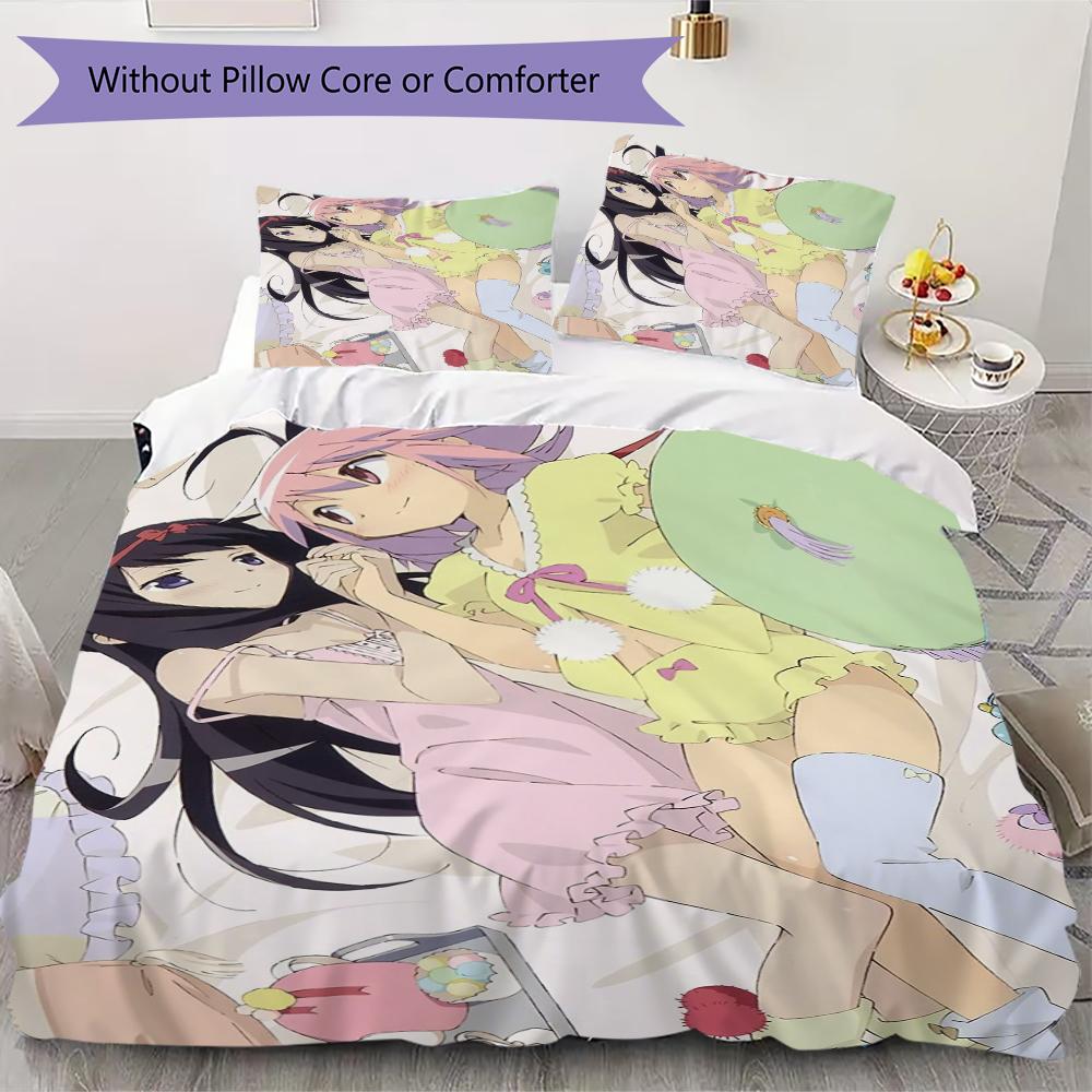 Puella Magi Madoka Magica Pattern Bedding,Quilt Set Quilt Cover Pillowcase Home Birthday Gift(1 * Duvet Cover + 2 * Pillowcase, Without Core)_lx