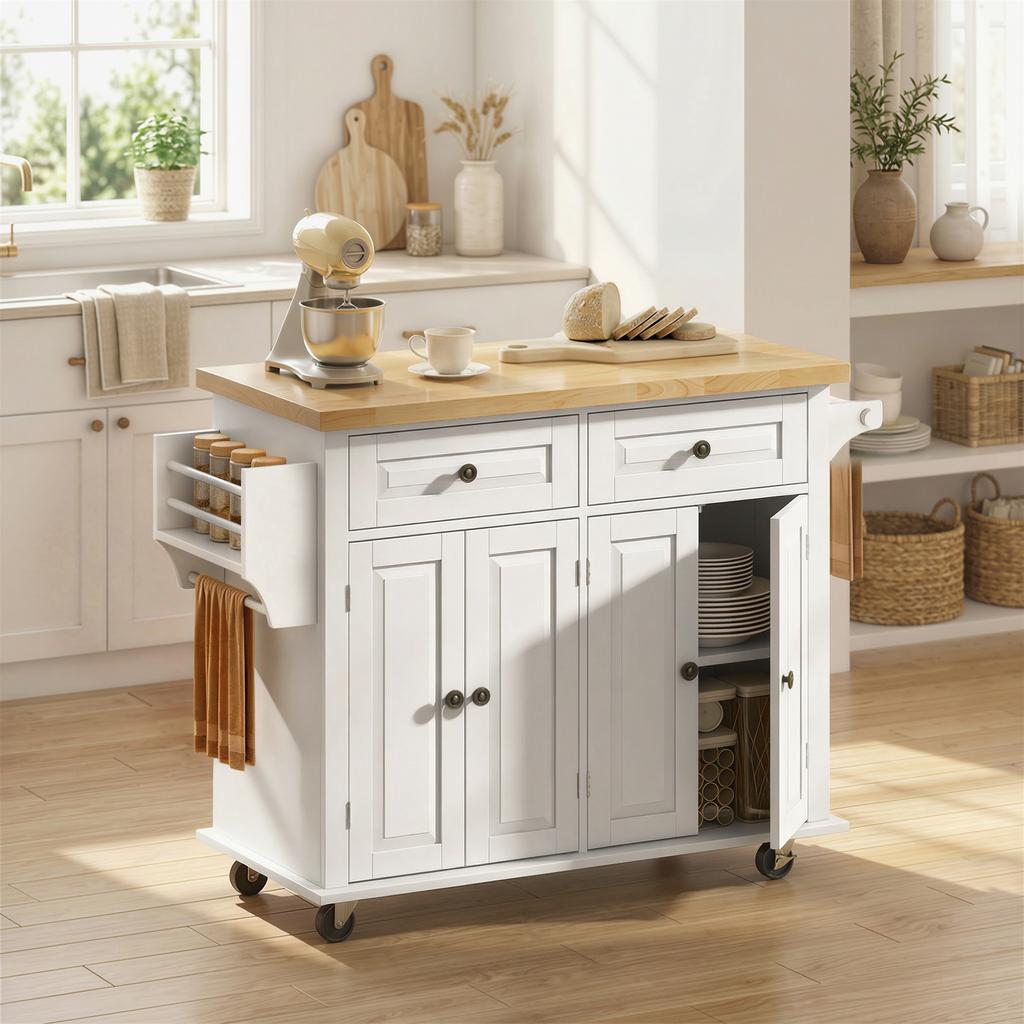 Kitchen Island on Wheels, Rolling Kitchen Storage Trolley with Rubber Wood Top, Drawers, Adjustable Shelves, Cream White