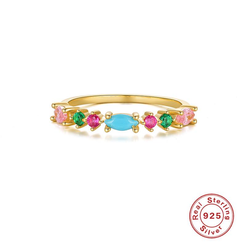 S925 Sterling Silver Small Fresh And Sweet Ring Turquoise Colored Treasure Ring Mori Matching Ring Tail Ring