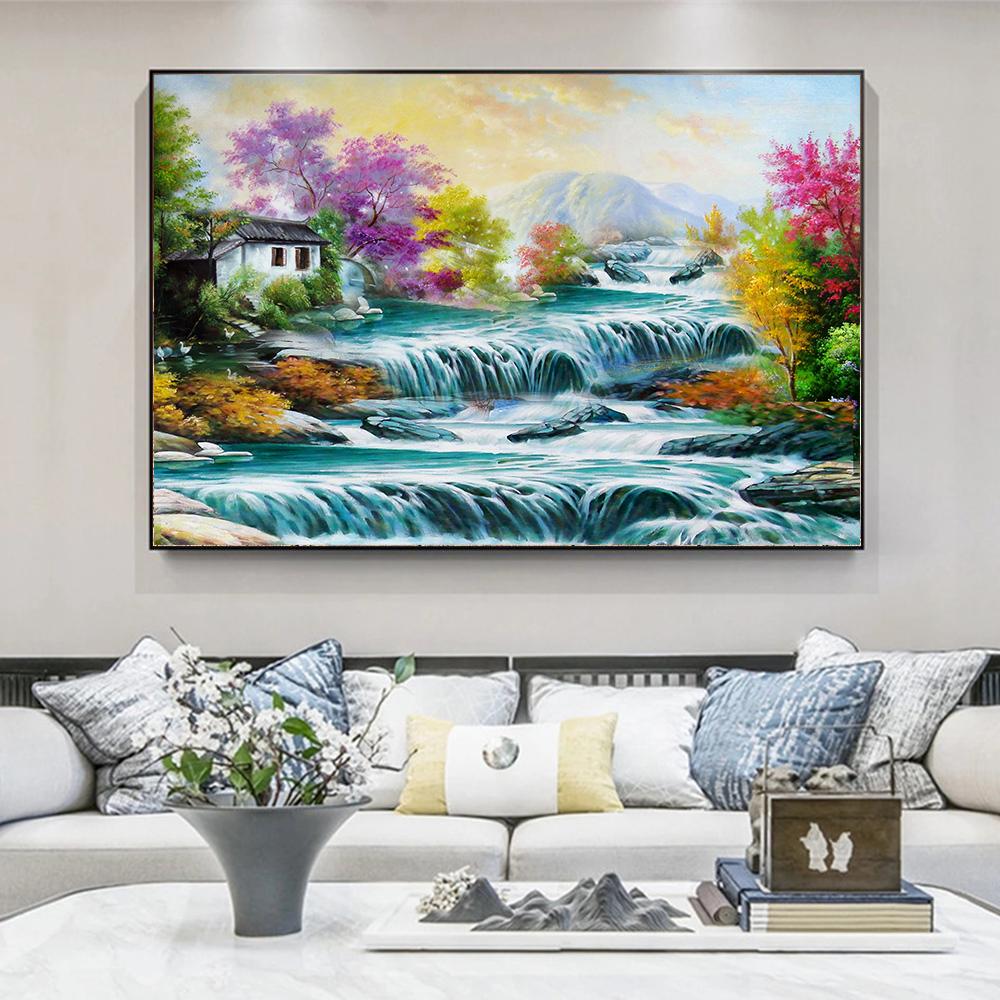 Abstract Landscape WaterFall Canvas Painting Modern Wall Art Print Decorative Picture Modern Living Room Decor