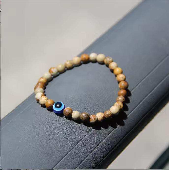 Retro Devil's Eye Bracelet: 6mm Tiger Eye & White Turquoise Beads, Elastic & Versatile