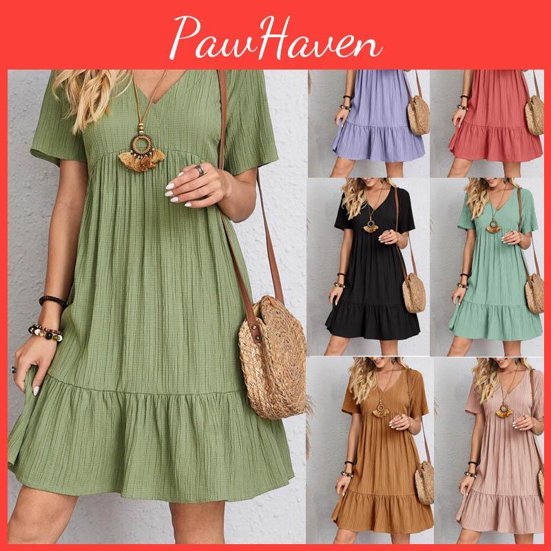 Women Vintage Dresses 2023 Mini Summer Solid Casual V Neck Ruffles Dress Ladies Boho Loose Beach Party Elegant Dresses
