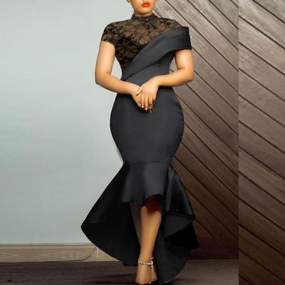 Zwarte Jurk Kant Patchwork Elegant voor Vrouwen Feest Transparante Mouwen Slank Doorkijk Zeemeermin Plus Size Dame Homecoming Robes Galajurken