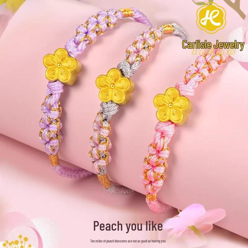 999 Pure Gold Peach Blossom Bracelet with 3D Hard Gold Luck Bead and Cherry Blossom Red Hand Rope