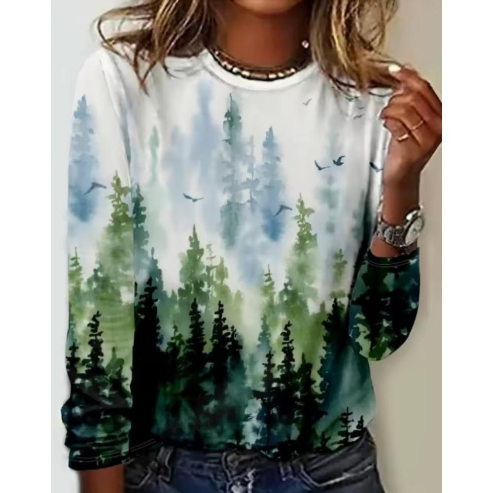 Ink Painting Printed Long Sleeved Round Neck T-shirt Top